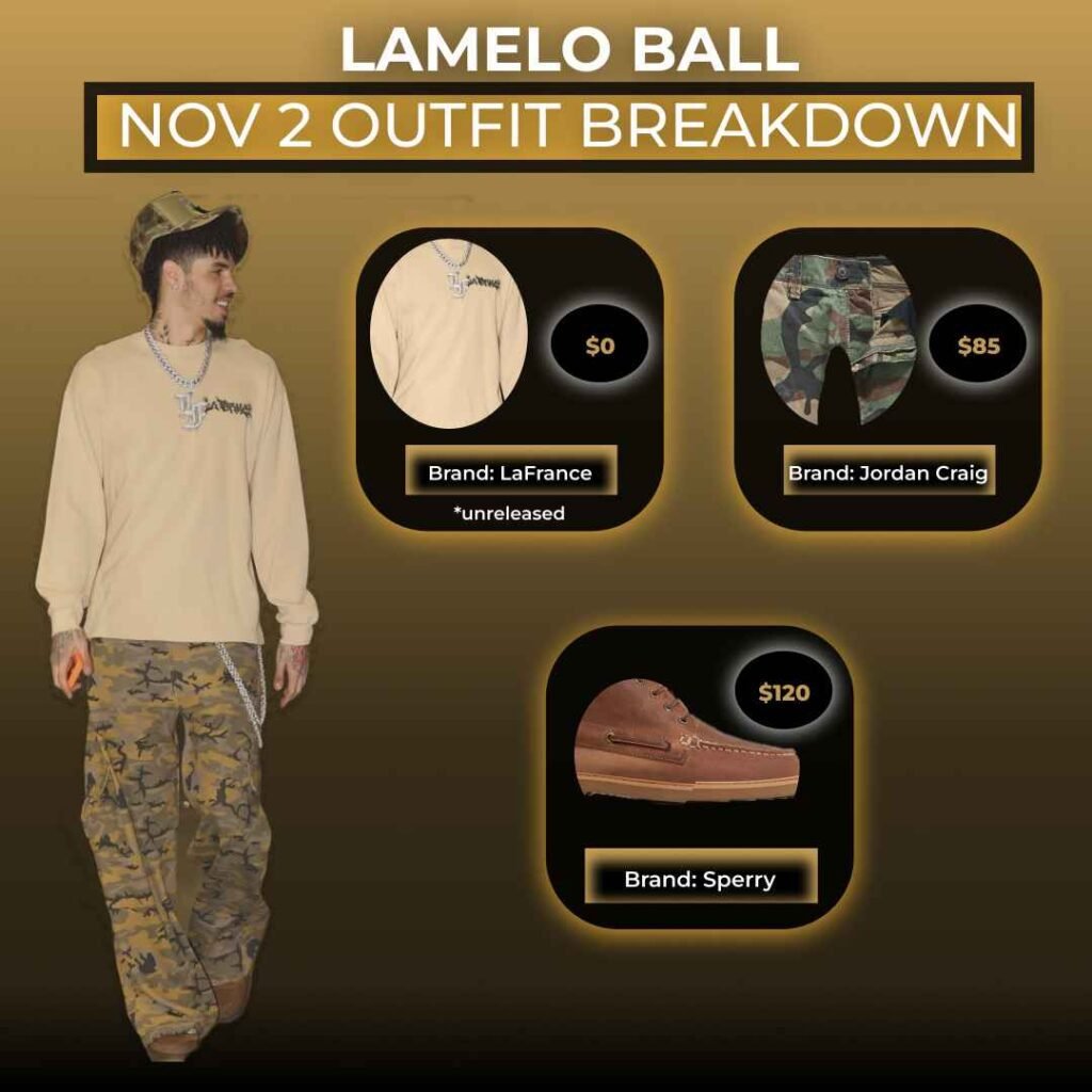 Lamelo Ball wearing a beige LaFrance shirt, camo Jordan Craig pants, and brown Sperry shoes — full outfit breakdown with prices and brand names on gold background.