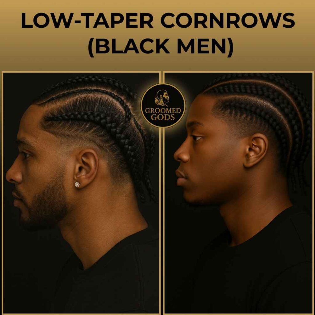Black men’s low-taper cornrows with clean fade and straight-back braids – side profile hairstyle inspiration.