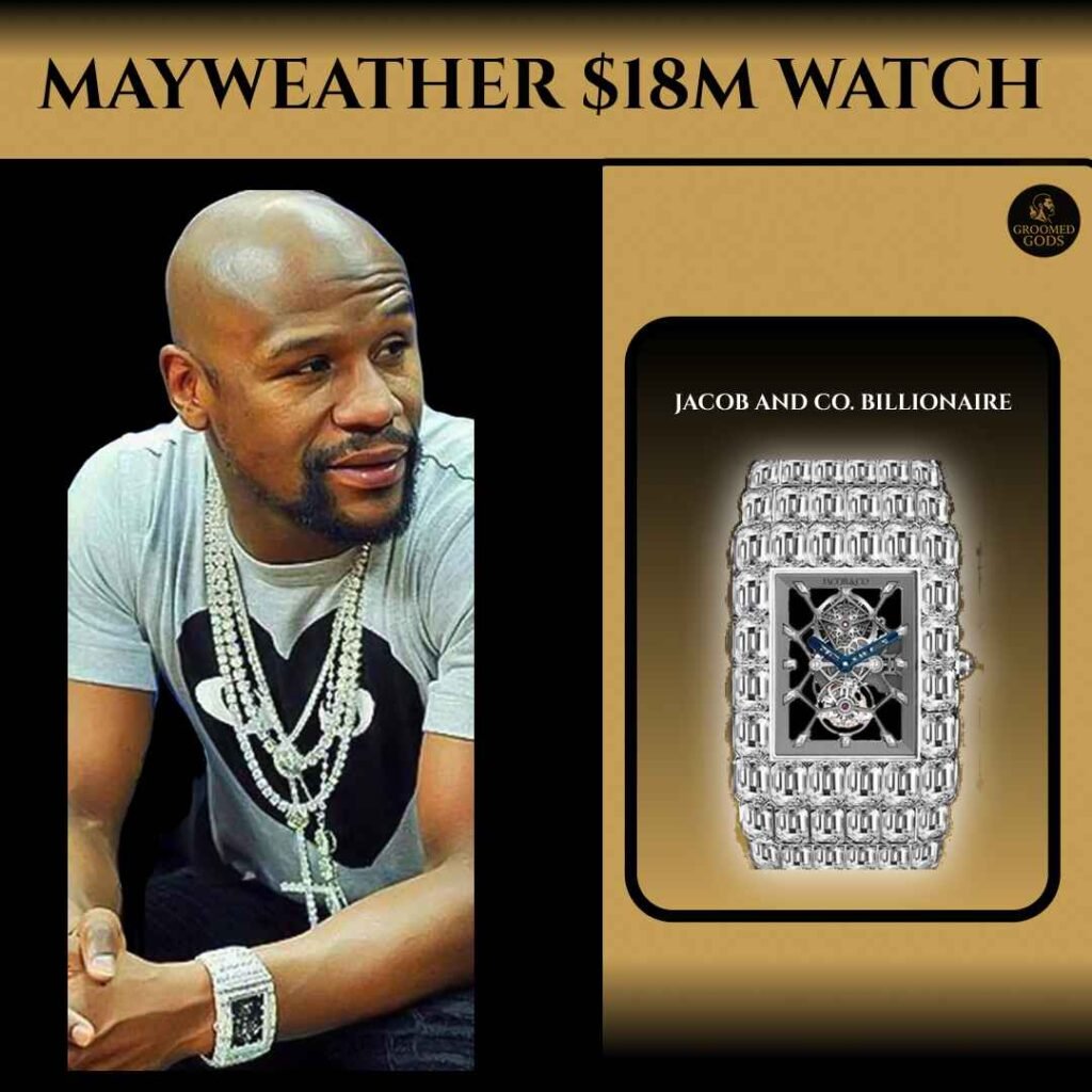 Floyd Mayweather wearing layered diamond chains and his $18M Jacob & Co. Billionaire watch, shown beside a close-up of the diamond-encrusted timepiece on a gold background.