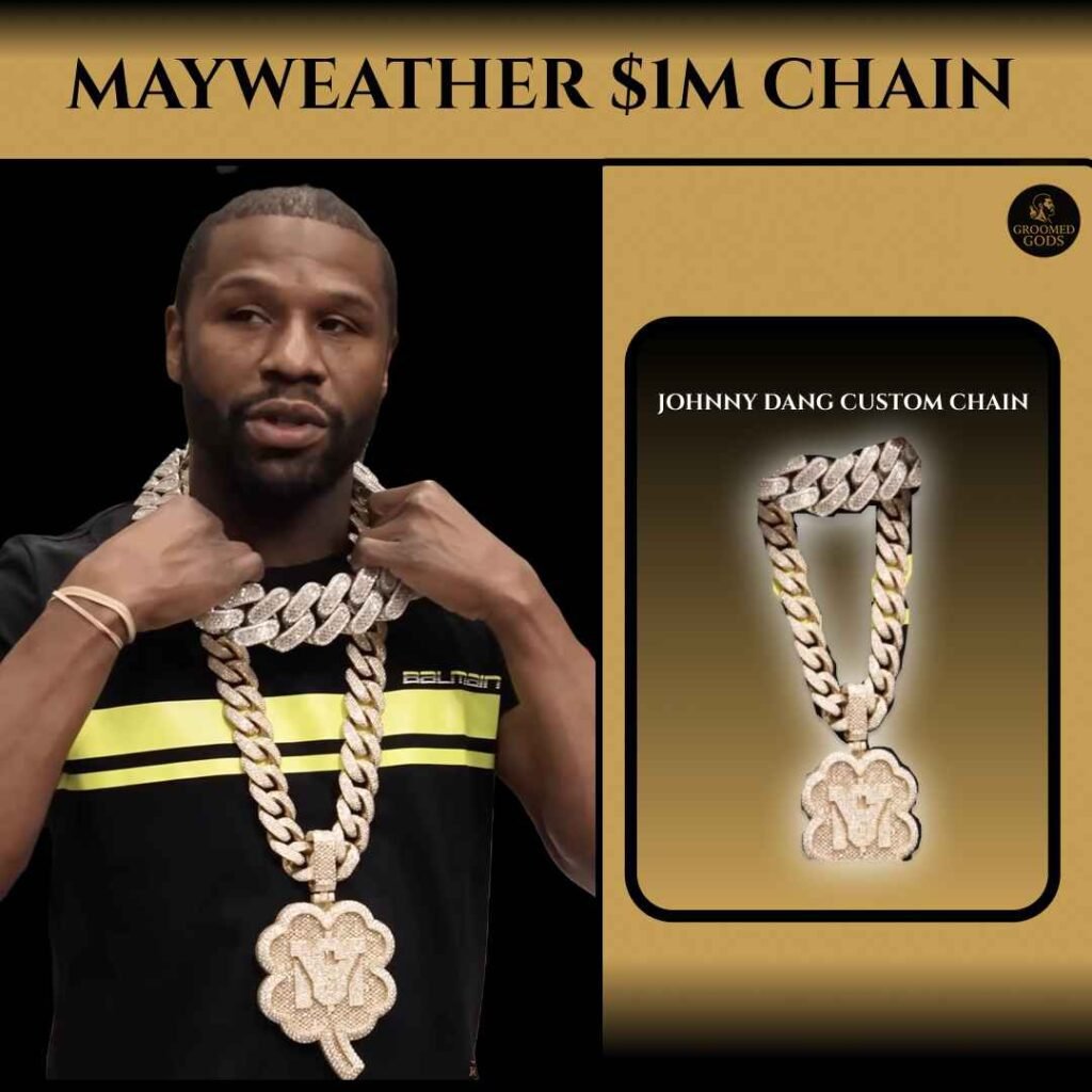 Floyd Mayweather wearing his $1M Johnny Dang custom diamond chain with a large iced-out pendant, shown beside a close-up of the same chain on a gold background.