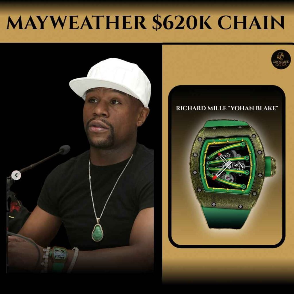 Floyd Mayweather wearing a black shirt and white cap beside his $620K Richard Mille “Yohan Blake” watch, featuring a green case and exposed mechanics on a gold background.