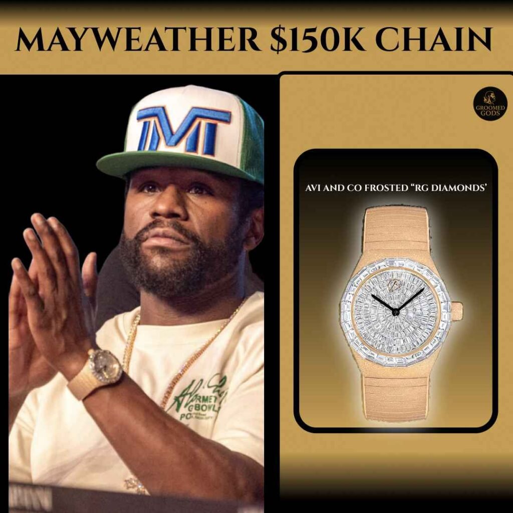 Floyd Mayweather wearing a beige shirt and green TMT hat beside his $150K Avi & Co. Frosted RG Diamonds watch, featuring a rose gold band and diamond-covered face on a gold background.