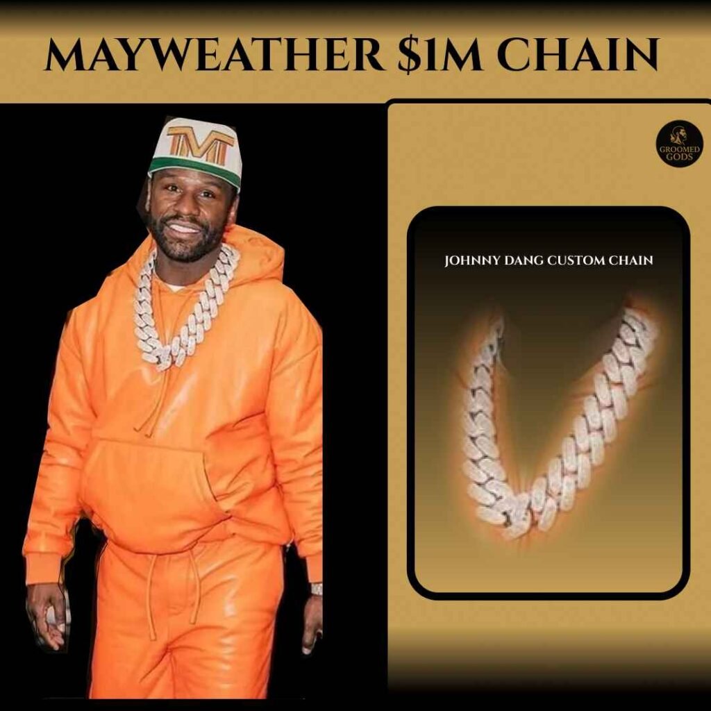 Floyd Mayweather wearing an orange tracksuit and TMT hat beside his $1M Johnny Dang custom diamond chain, featuring a large iced-out Cuban link design on a gold background.