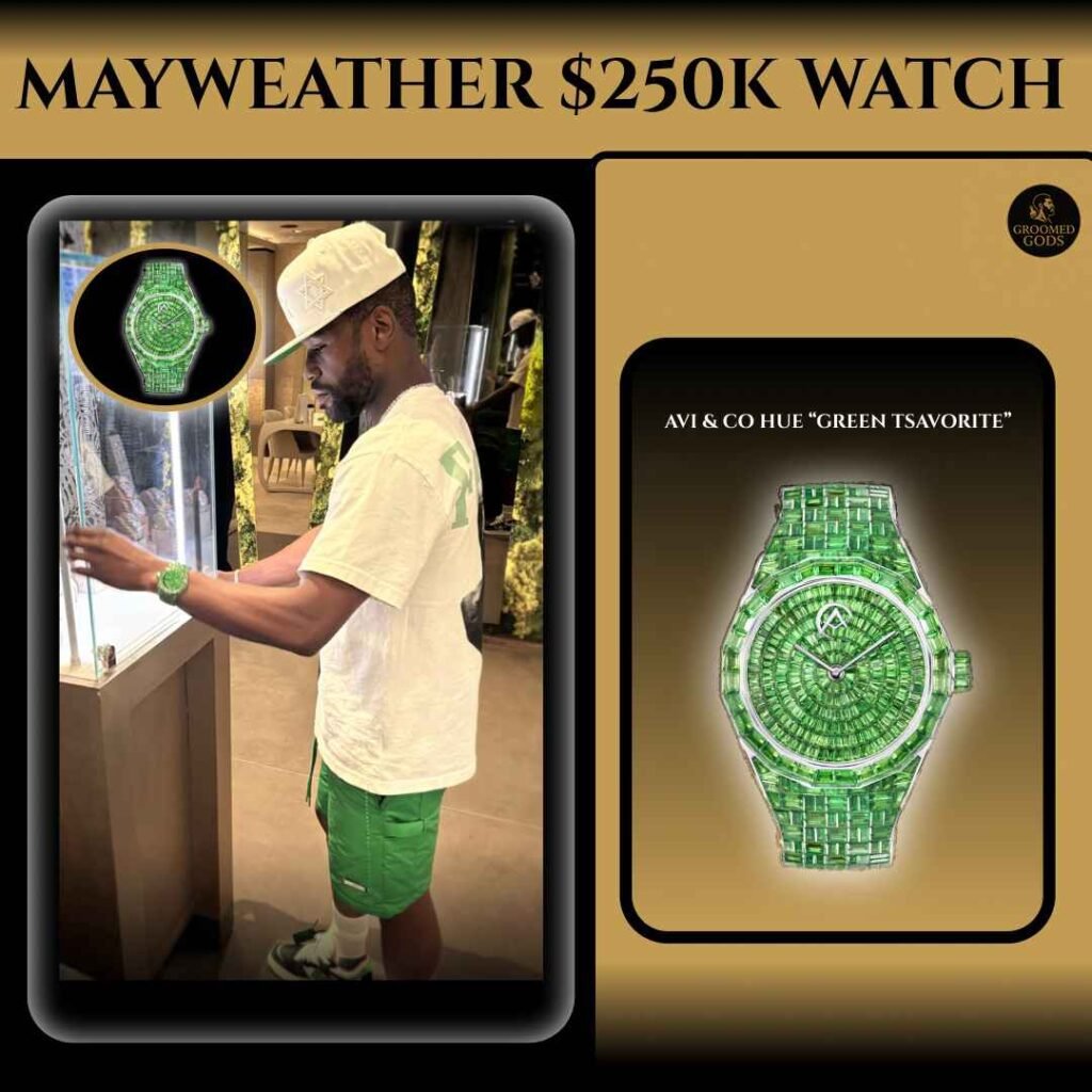 Floyd Mayweather wearing a cream t-shirt and green shorts beside his $250K Avi & Co. Hue Green Tsavorite watch, featuring a full emerald-green gemstone design on a gold background.