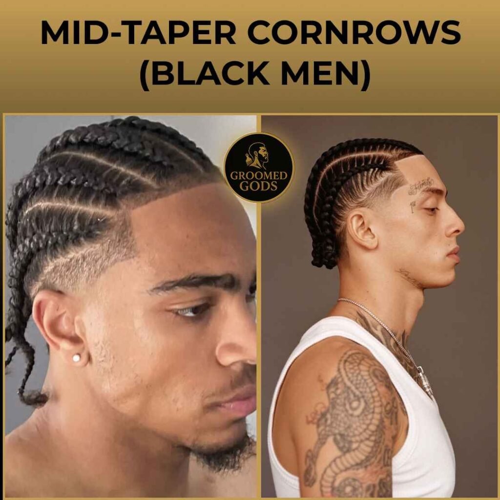 Mid-taper cornrows on Black men — side-profile views showing sharp taper fade and clean braided design.”