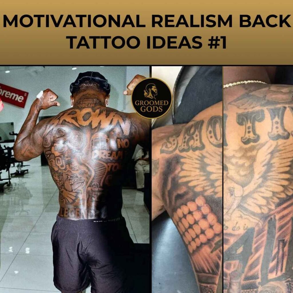 Back tattoos featuring motivational realism designs — large eagle wings, “CROWN” lettering, and “NO DREAM TOO BIG” quotes across the upper back, shown on two different angles.
