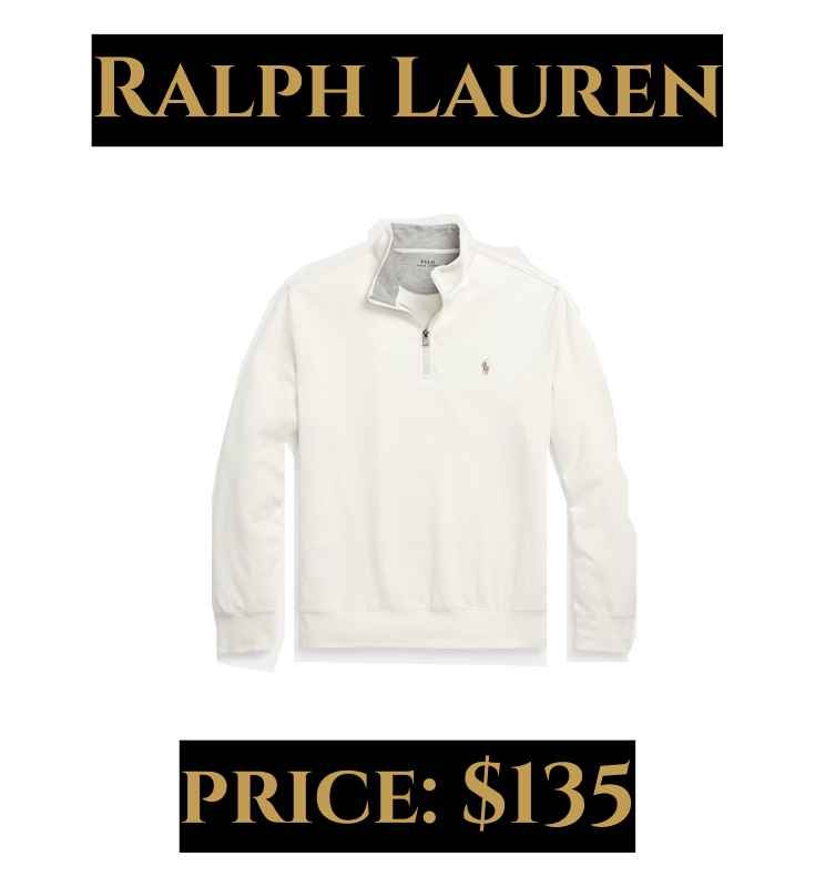 Cream Ralph Lauren quarter-zip sweater with small embroidered logo, priced at $135