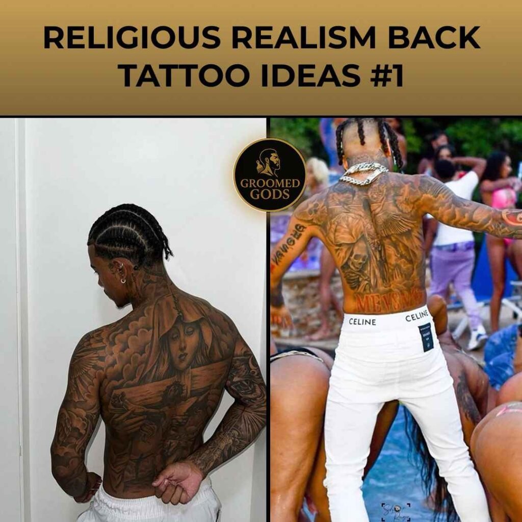 Back tattoos featuring detailed religious realism artwork — one man with angel and cross designs, another with full back portraits and scripture-inspired motifs.