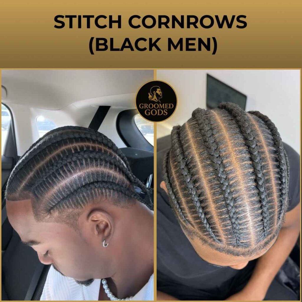 Stitch cornrows hairstyle on Black men – close-up of clean straight-back braids with sharp parts and tight stitch braid pattern.