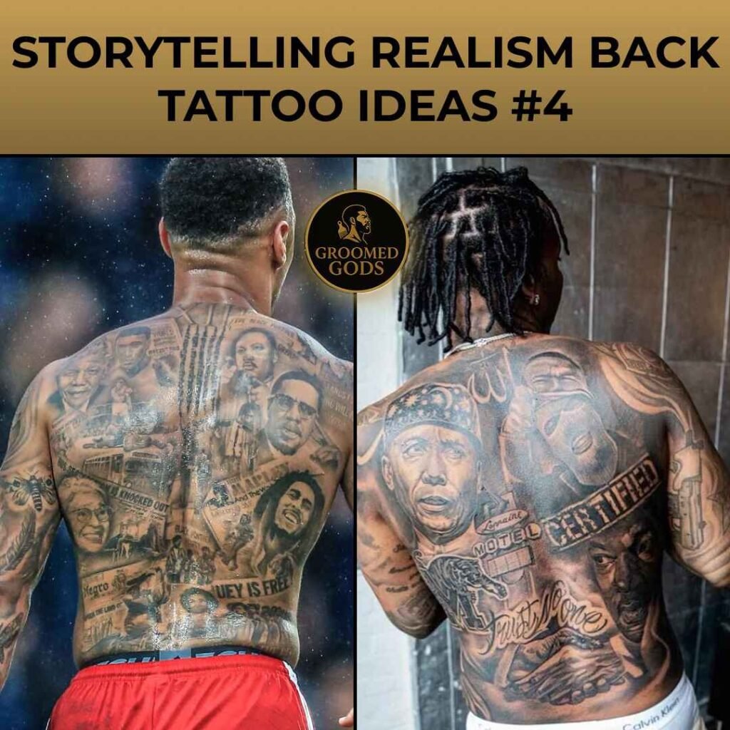 Back tattoos in storytelling realism style — one showing portraits of influential Black figures and freedom symbols, the other featuring detailed portraits, lettering, and symbolic artwork across the upper back.