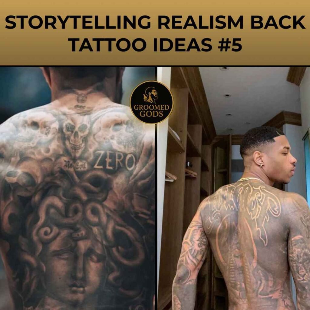 Storytelling realism back tattoos featuring large-scale Medusa and skull artwork on one man, and outlined mythical design on another in a luxury room setting.