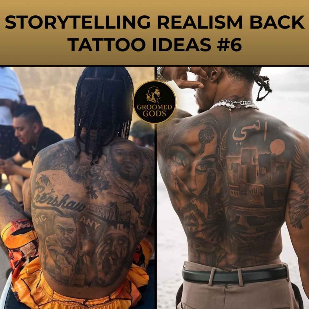 Storytelling realism back tattoos — one design featuring portraits and “Crenshaw” lettering, the other showcasing a woman’s face, Arabic script, and cityscape imagery across the back.