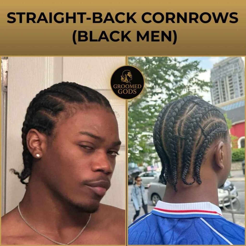 Black man with straight-back cornrows shown from the front and back, showcasing clean braid pattern and neat grooming.