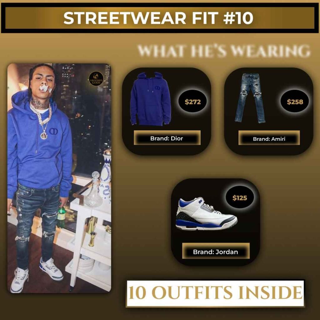 Kay Flock wearing a blue Dior hoodie, Amiri jeans, and Jordan sneakers.