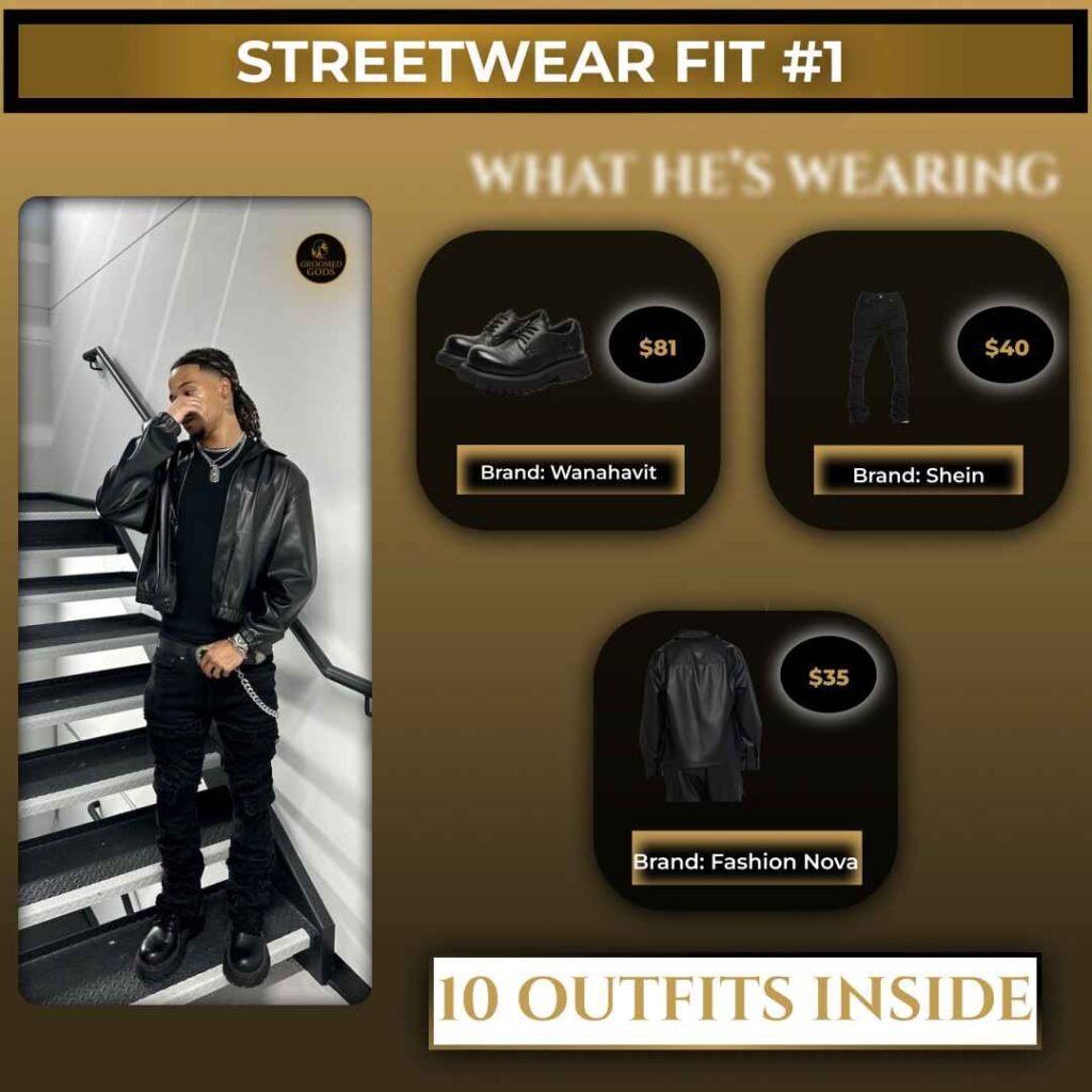 Black man wearing a leather jacket, stacked jeans, and black shoes; outfit items labeled from Wanahavit, Shein, and Fashion Nova.