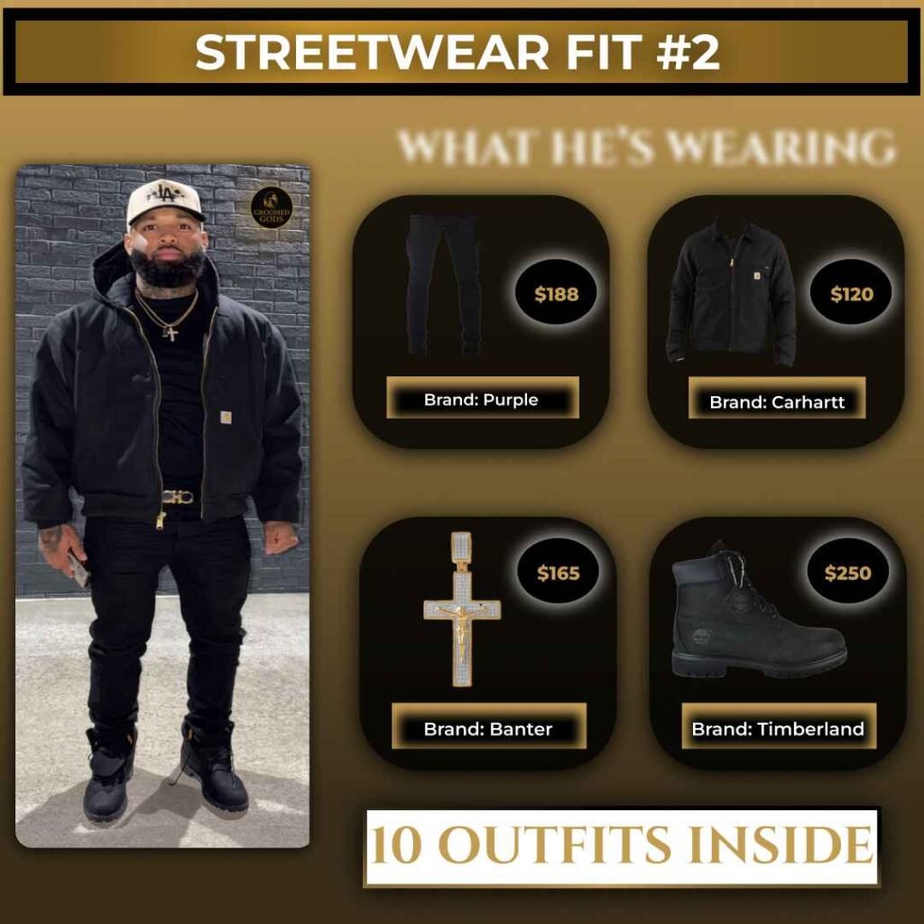 Black man wearing an all-black streetwear outfit with Carhartt jacket, Purple Brand jeans, Timberland boots, and a banter gold cross chain.