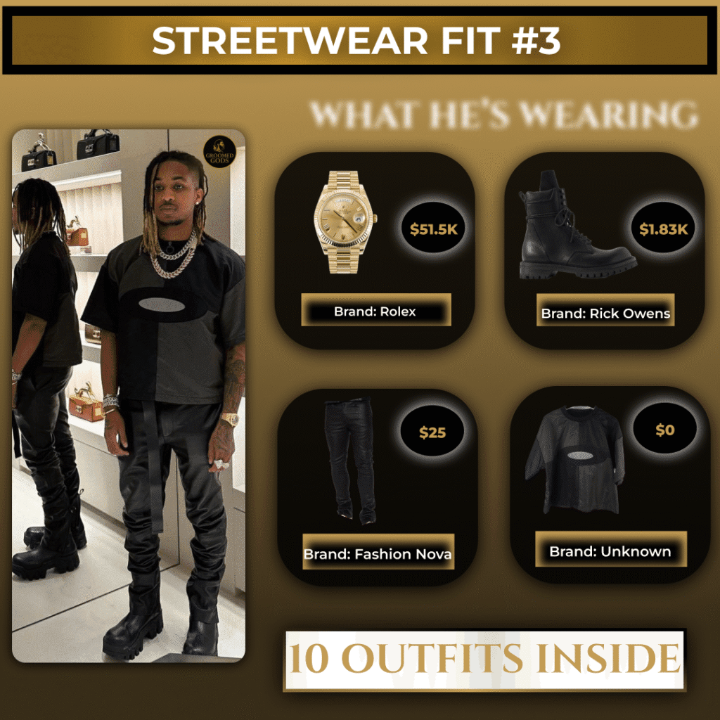 DDG wearing a black streetwear outfit with listed items including a Rolex watch, Rick Owens boots, Fashion Nova pants, and an unknown brand top.