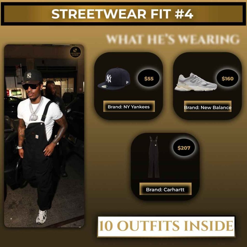 Duke Dennis streetwear outfit with Yankees hat, New Balance shoes, and Carhartt overalls.