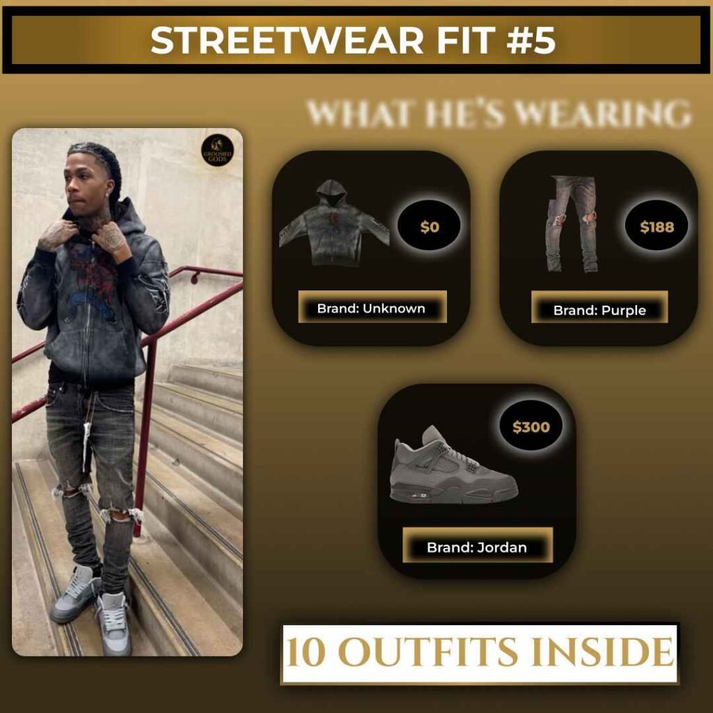 Black man wearing a grey hoodie, ripped jeans, and grey Jordan sneakers standing on stairs.