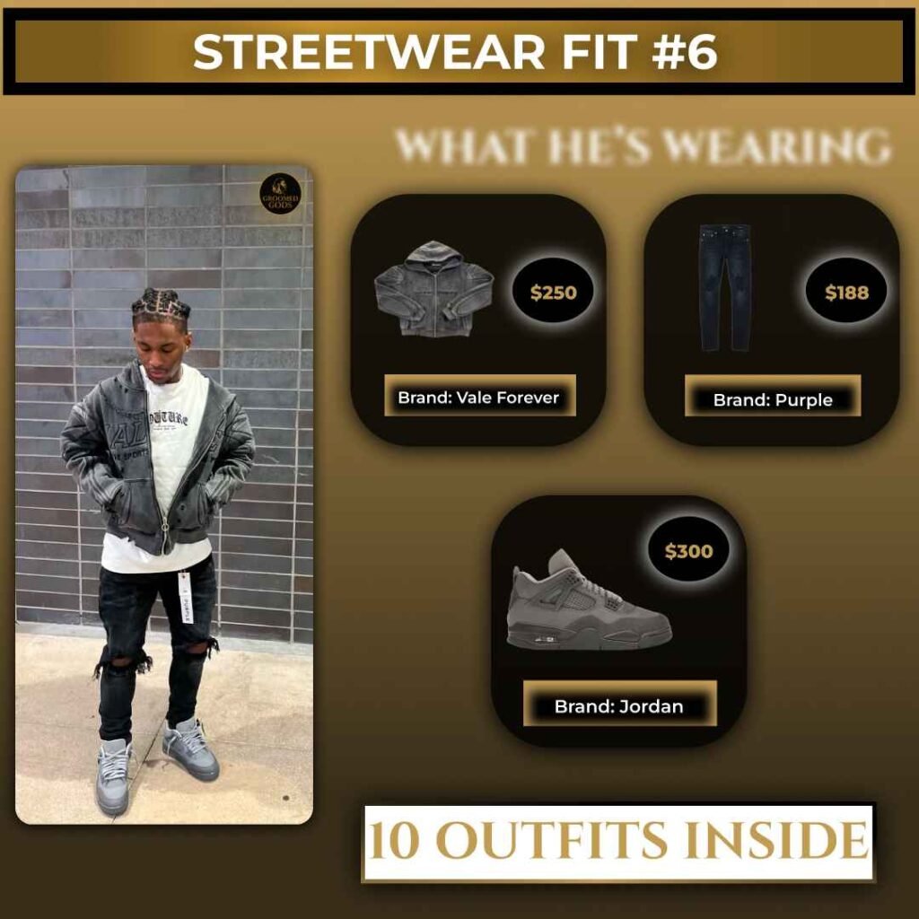 Black man wearing a streetwear outfit with Vale Forever jacket, Purple Brand jeans, and Jordan sneakers.