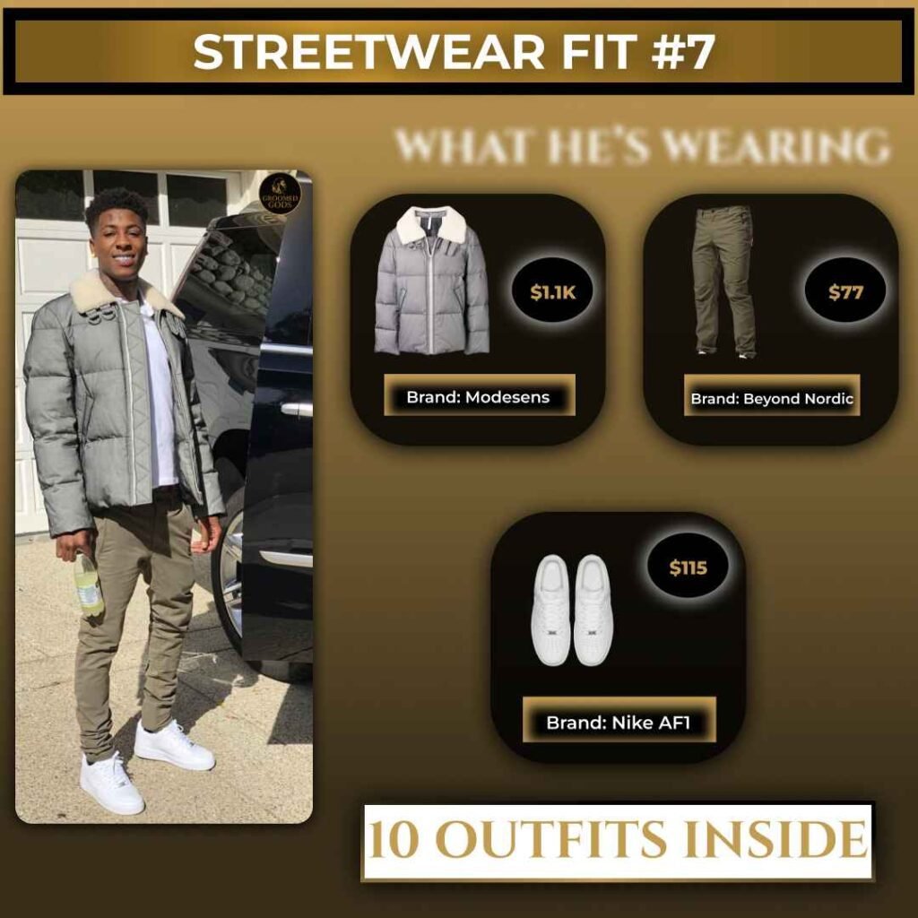 NBA YoungBoy streetwear outfit featuring a Modesens puffer jacket, Beyond Nordic pants, and white Nike AF1 sneakers.