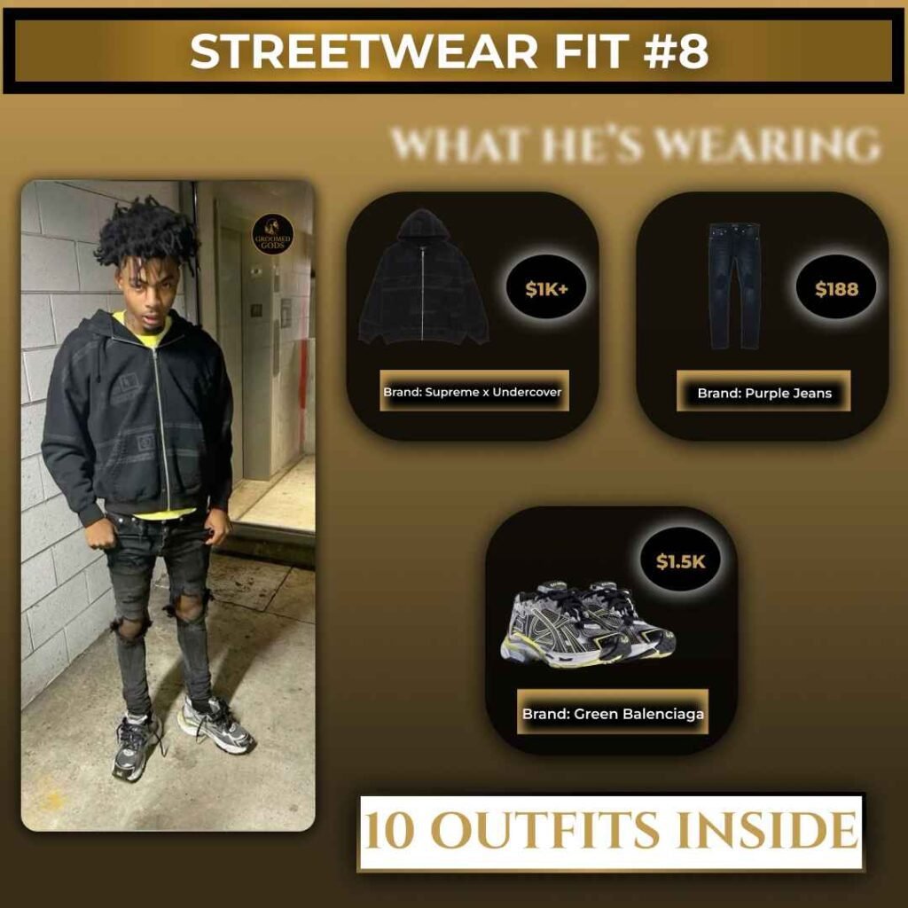 Lazer Dim 700 wearing an all-black streetwear outfit with a Supreme x Undercover hoodie, Purple Jeans, and Green Balenciaga sneakers.