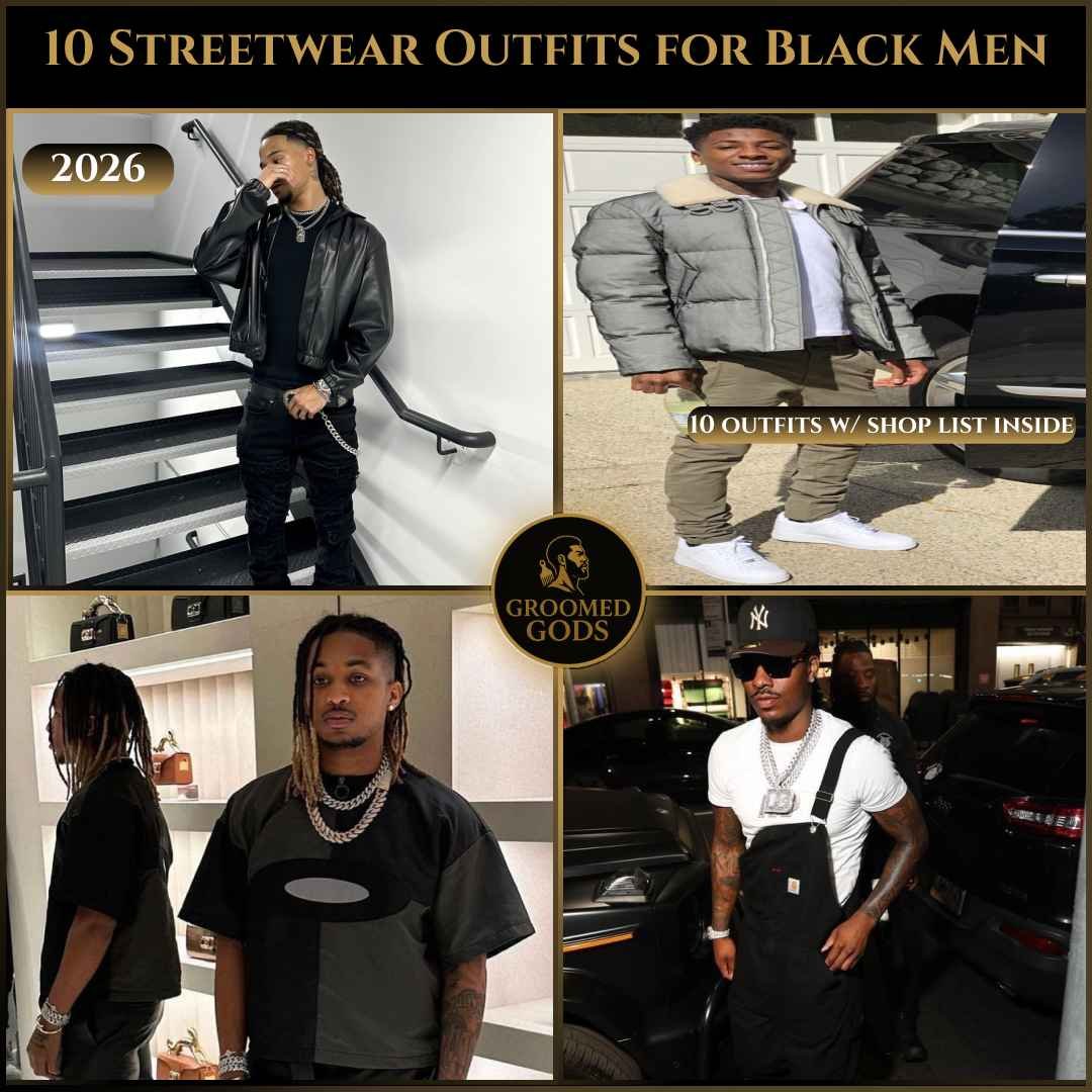 Collage showing four streetwear outfits for Black men, including leather jacket fit, puffer jacket fit, designer tee outfit, and overalls streetwear look.