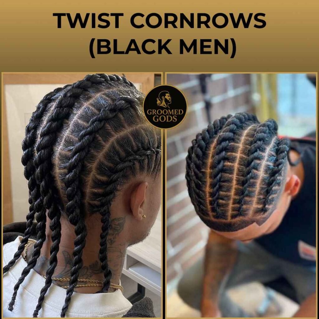 Twist cornrows hairstyle for Black men — back and top view showing defined parts and twisted braid rows.
