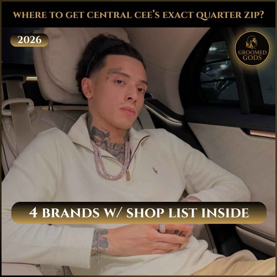 Central Cee wearing a cream quarter-zip sweater while sitting in a luxury car, with text overlay saying “4 brands with shop list inside.”