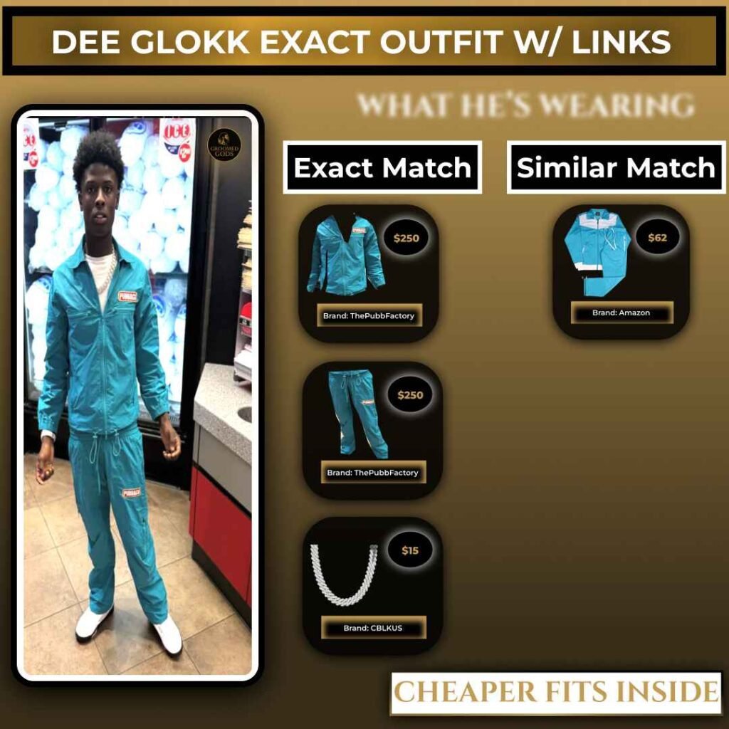 Dee Glokk wearing a blue ThePubbFactory tracksuit with white shoes, shown next to exact and similar outfit match links including jacket, pants, and iced-out chain.