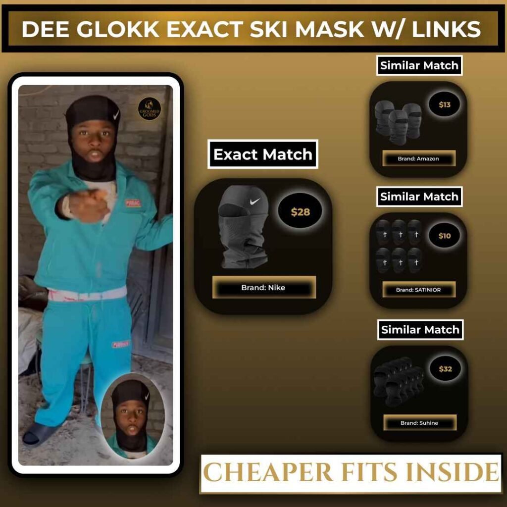 Dee Glokk wearing a teal tracksuit and black ski mask with exact and similar ski mask links shown, including Nike and budget matches.