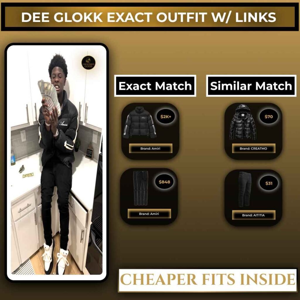 Dee Glokk exact outfit breakdown featuring Amiri puffer jacket, Amiri jeans, and similar budget alternatives from CREATMO and AITITIA.