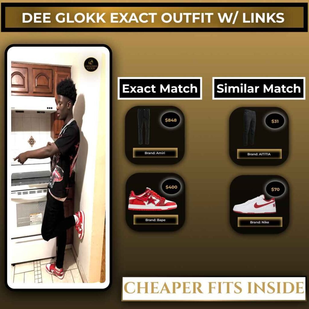 Dee Glokk exact outfit breakdown showing Amiri jeans, Bape red sneakers, and cheaper similar alternatives from ATTITIA and Nike.