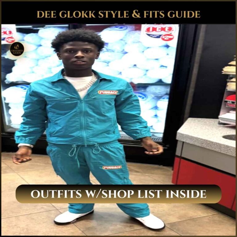 Dee Glokk wearing a turquoise Pubbacc tracksuit with white sneakers inside a convenience store, featured as the header image for a full style and outfits guide