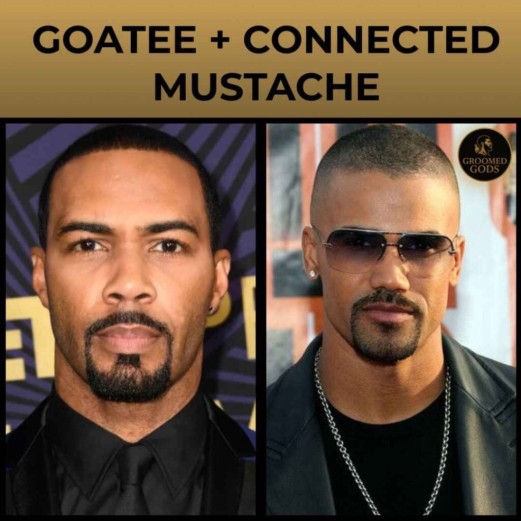 Goatee with connected mustache style on Black men, showing clean lines and sharp facial hair grooming