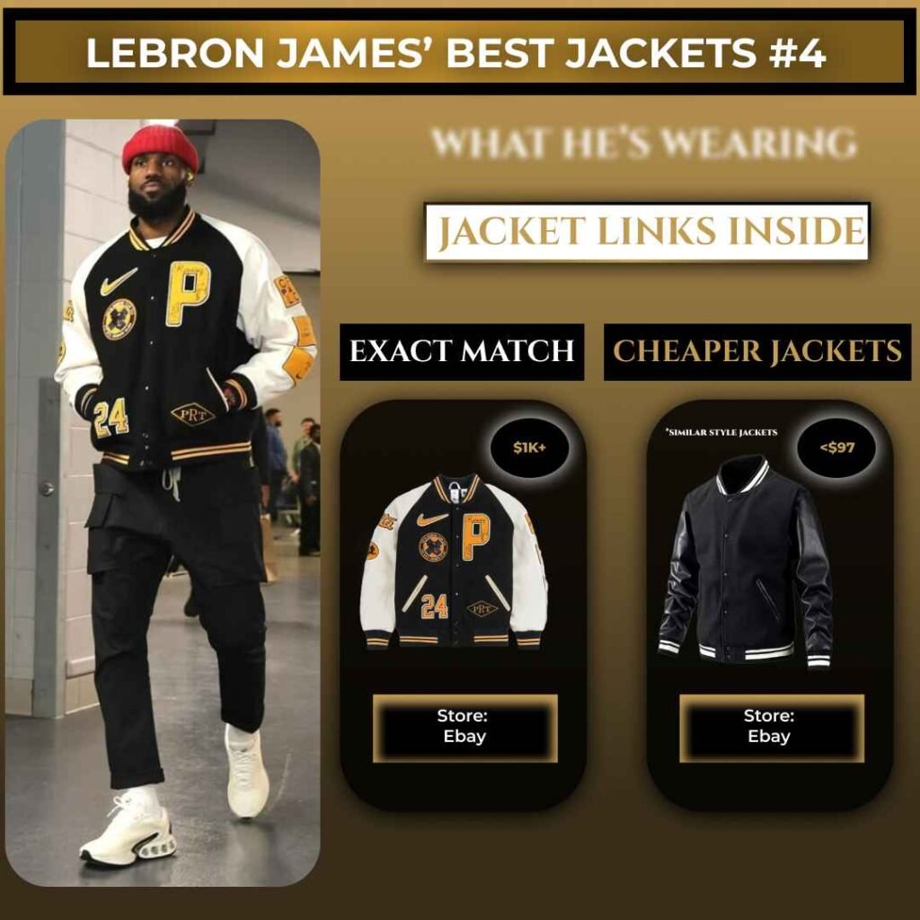 LeBron James wearing a black varsity jacket with cheaper alternatives