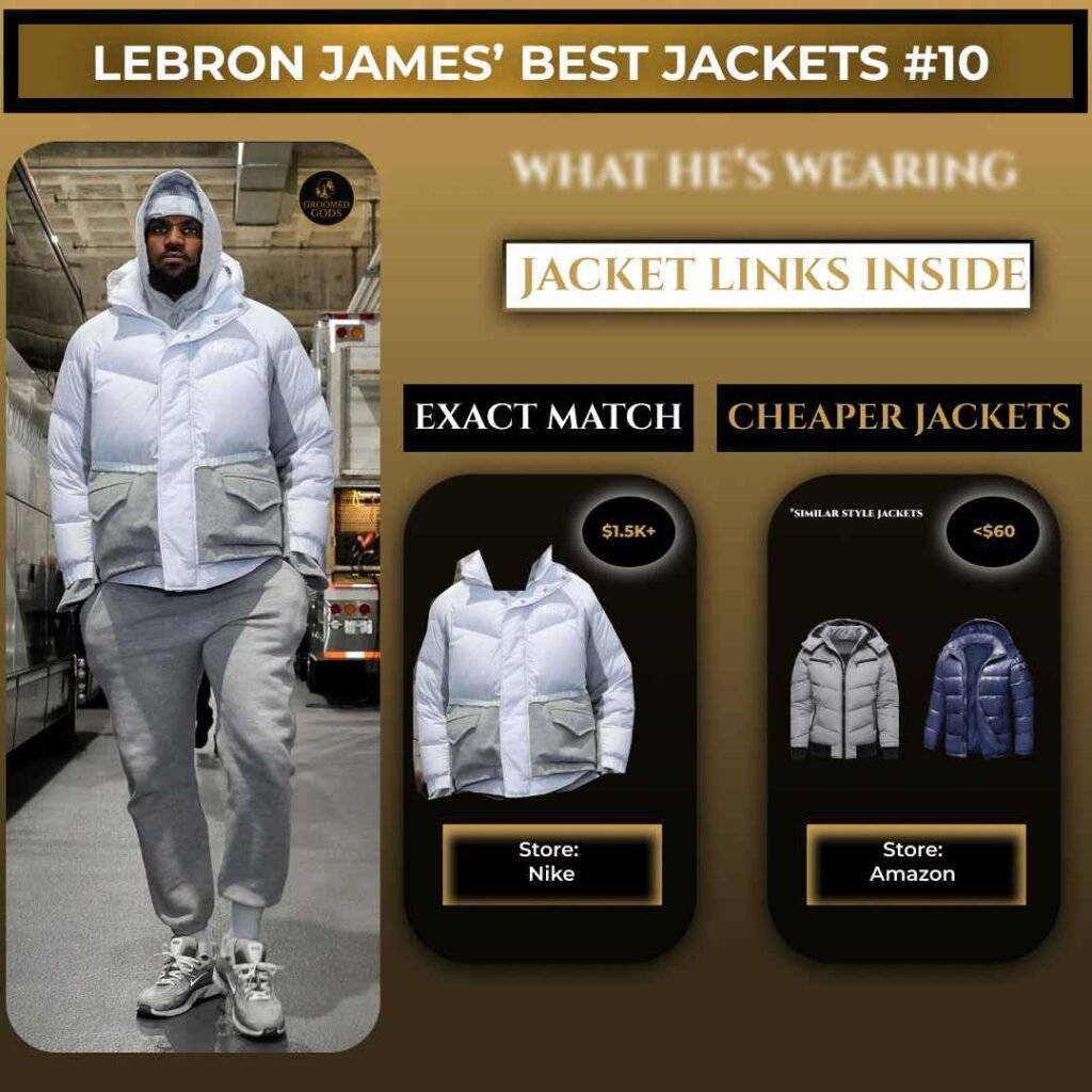 LeBron James wearing a white and grey puffer jacket with cheaper options