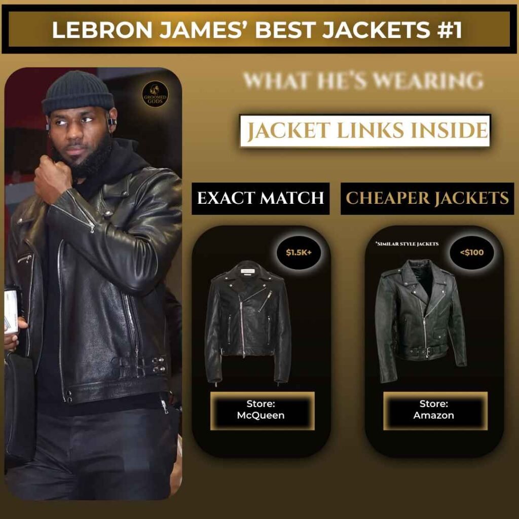 LeBron James wearing a black leather jacket with cheaper alternatives shown