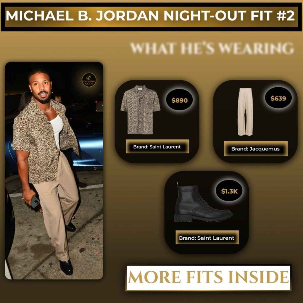 Michael B. Jordan night-out outfit with Saint Laurent shirt, Jacquemus pants, and Saint Laurent boots.