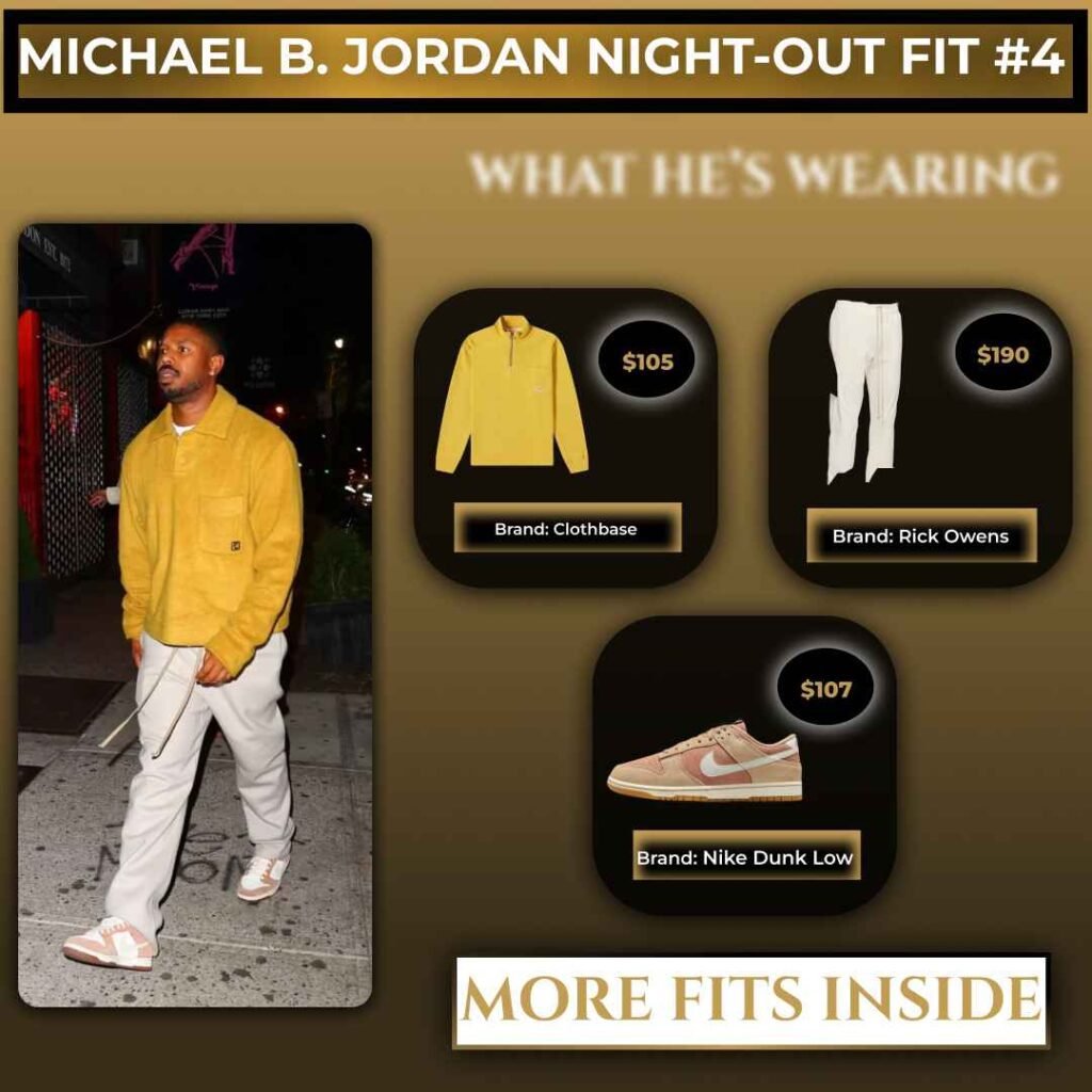 Michael B. Jordan night-out outfit with Clothbase sweatshirt, Rick Owens pants, and Nike Dunk Low sneakers.