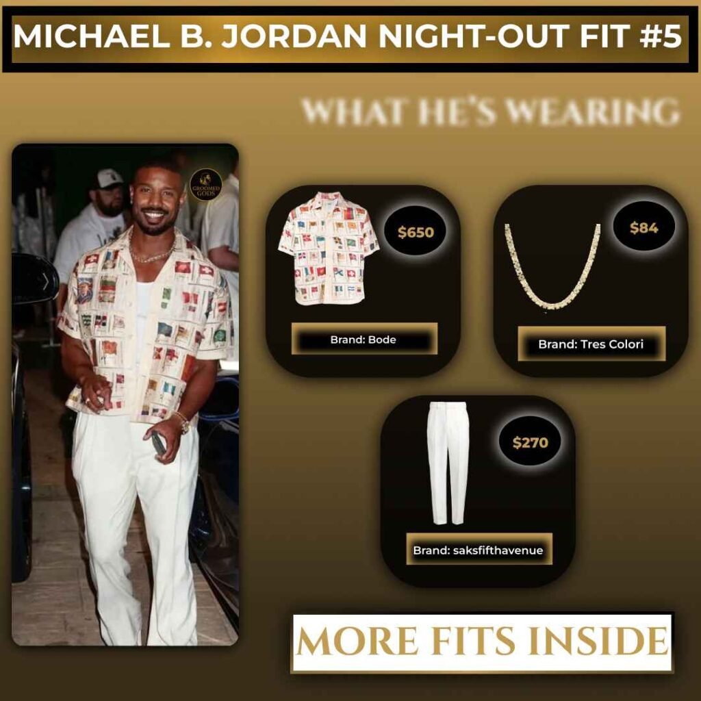 Michael B. Jordan night-out outfit with Bode shirt, Tres Colori necklace, and Saks Fifth Avenue pants.