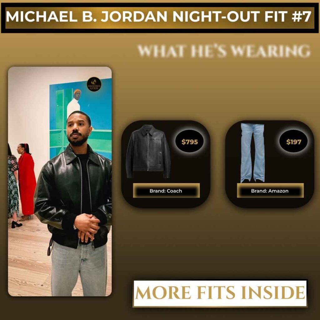 Michael B. Jordan night-out outfit with Coach leather jacket and Amazon jeans.