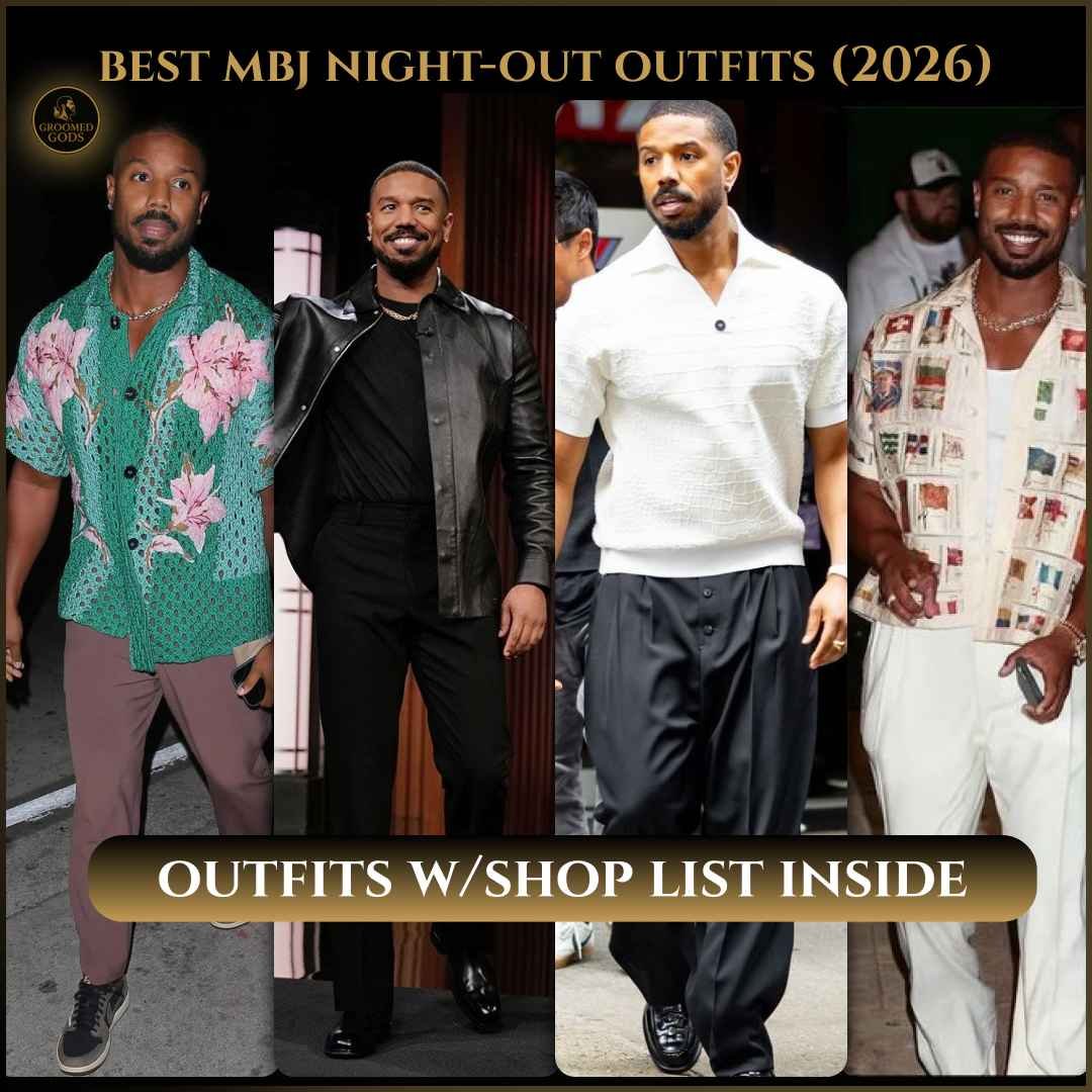 Michael B. Jordan collage showing his best night-out outfits with shop list inside.