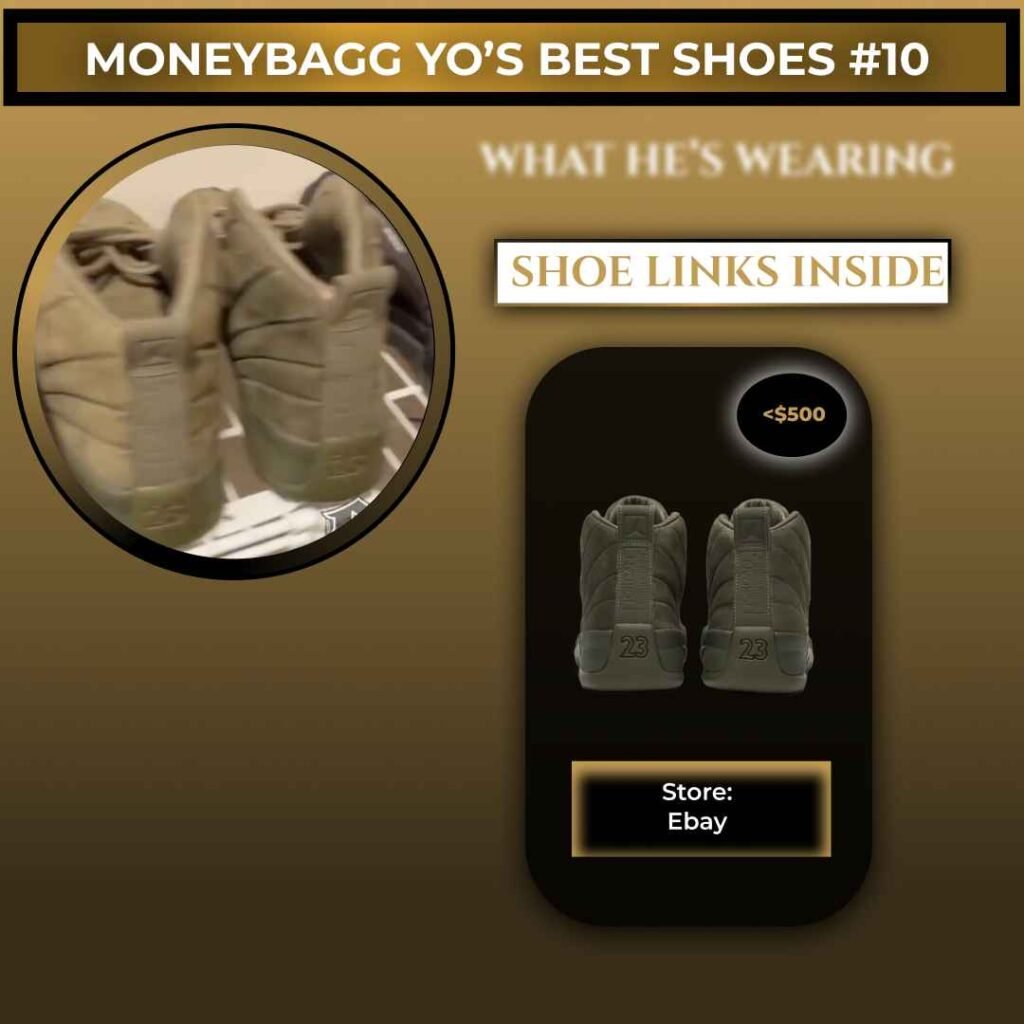 Moneybagg Yo wearing Air Jordan 12 Retro PSNY Medium Olive sneakers