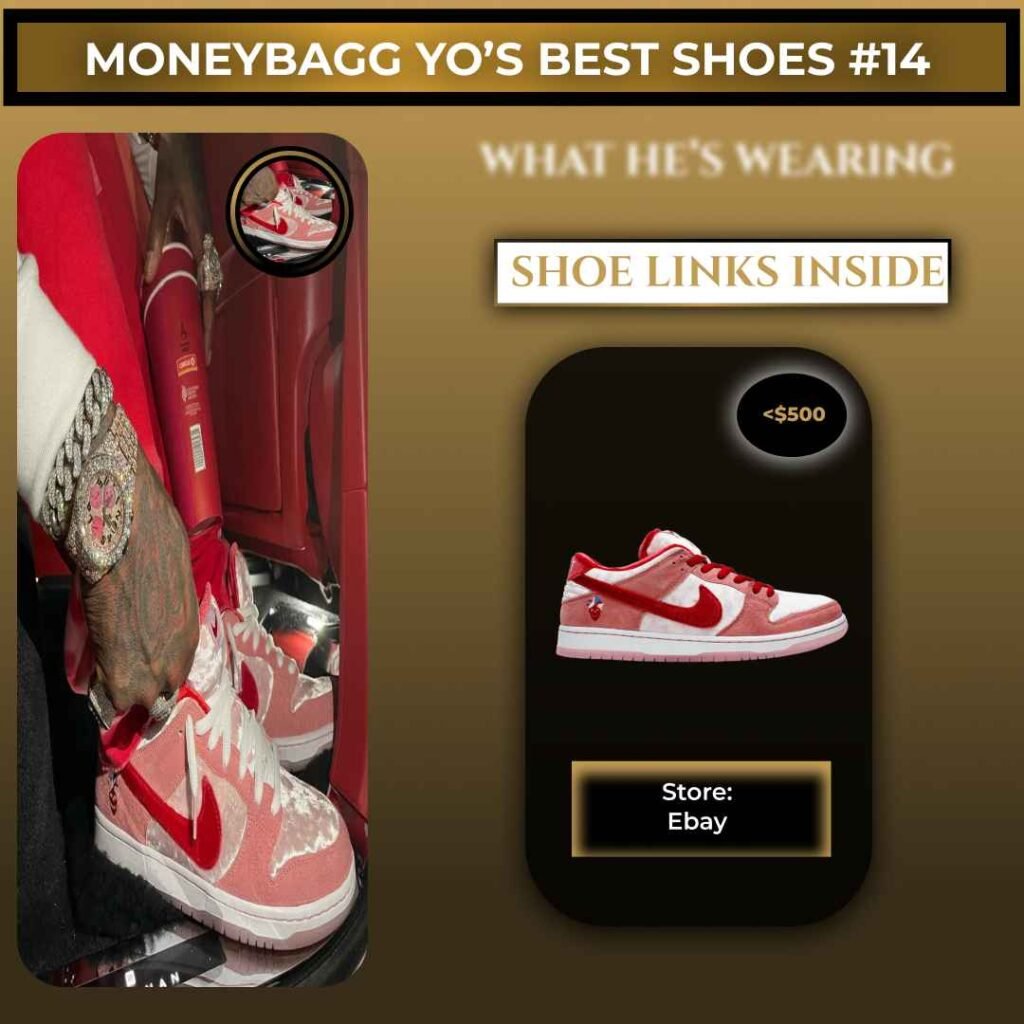 Moneybagg Yo wearing Nike SB Dunk Low Strangelove Valentine’s Day sneakers