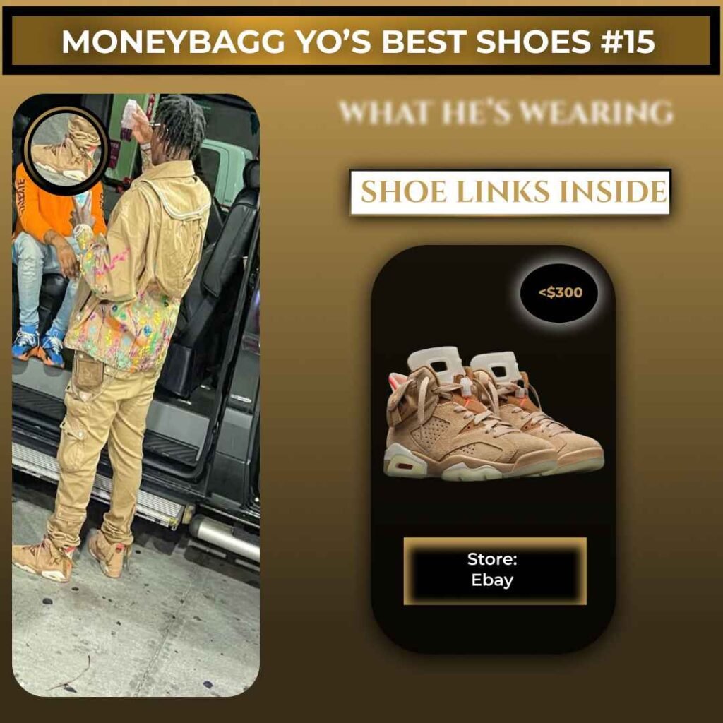 Moneybagg Yo wearing Travis Scott x Air Jordan 6 Retro British Khaki sneakers