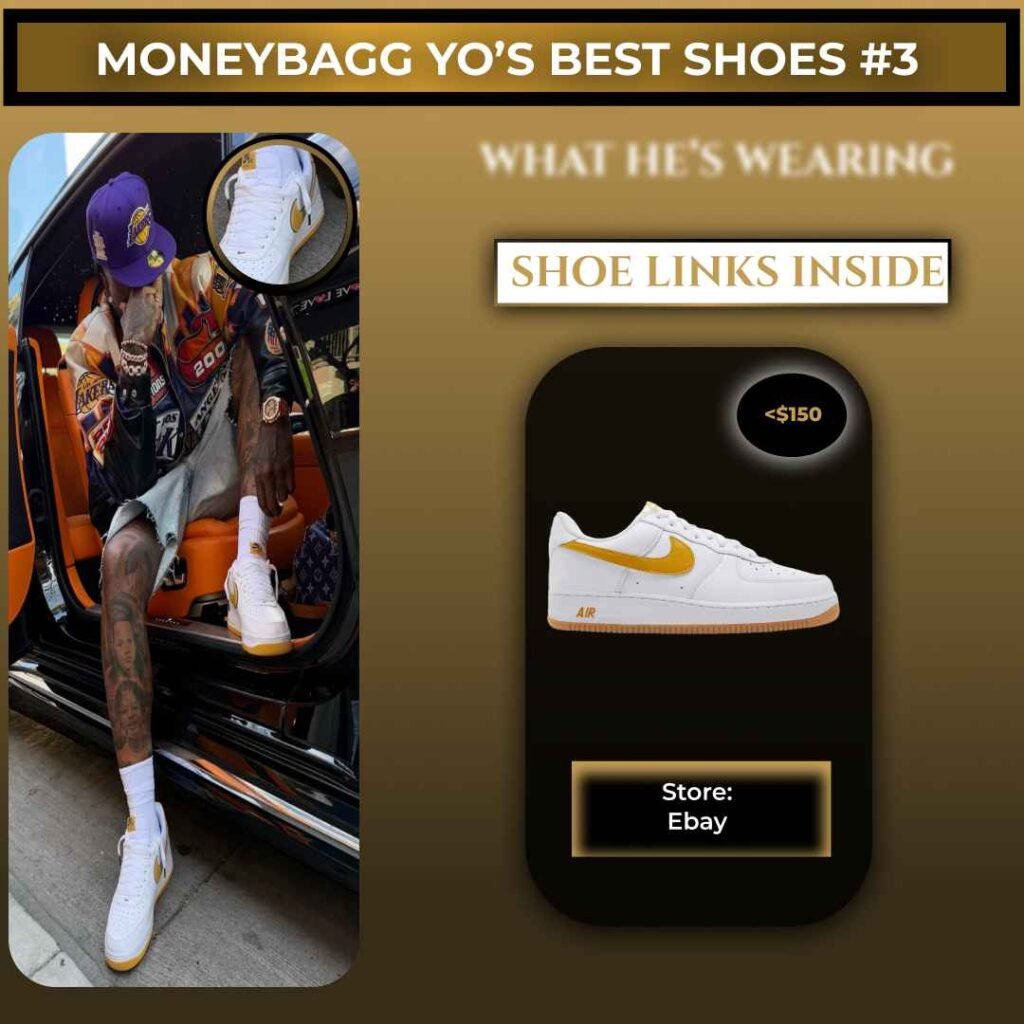 Moneybagg Yo wearing Nike Air Force 1 Low White University Gold sneakers