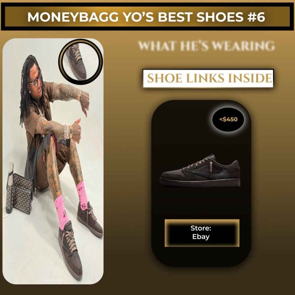 Moneybagg Yo wearing Travis Scott x Air Jordan 1 Low OG SP Velvet Brown sneakers