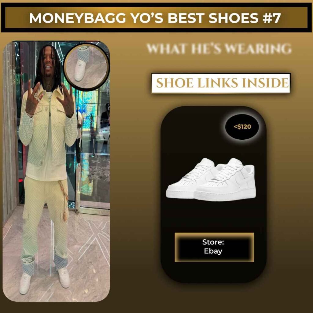 Moneybagg Yo wearing Nike Air Force 1 sneakers in a casual streetwear outfit, showcasing his everyday shoe rotation