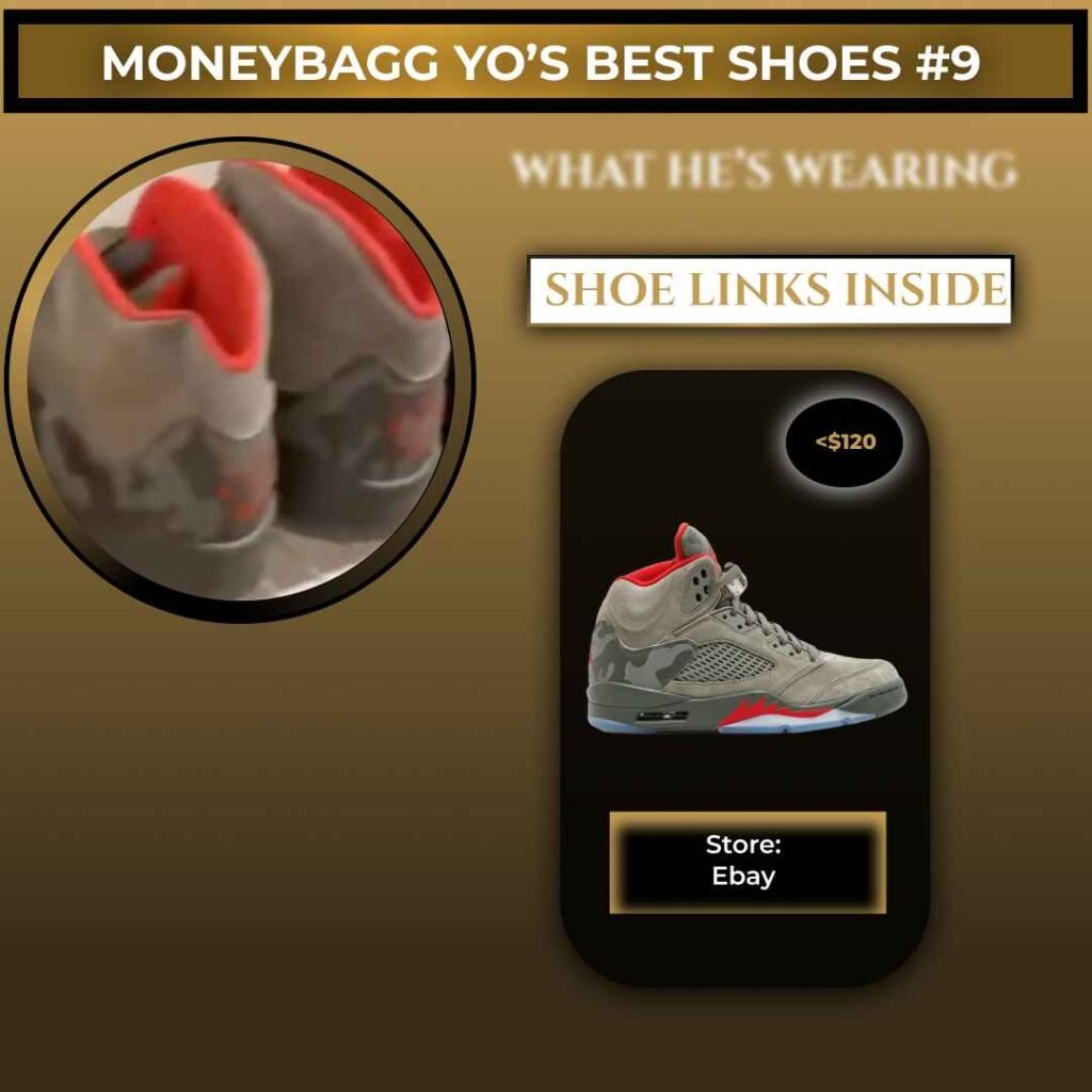 Moneybagg Yo wearing Air Jordan 5 Retro Camo sneakers in red and dark stucco